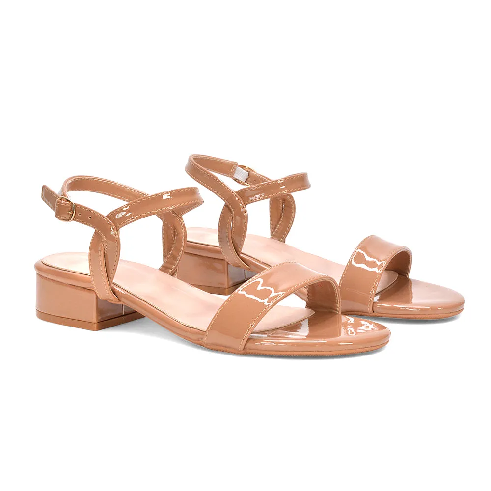 Thaila Low Block Heel Ankle Strappy Heeled Sandals in Taupe Patent sold by XYlondon product image thumbnail 3