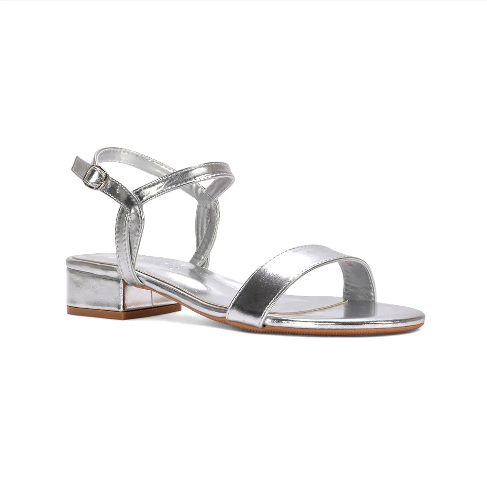 Thaila Low Block Heel Ankle Strappy Heeled Sandals in Silver Metallic sold by XYlondon product image thumbnail 5