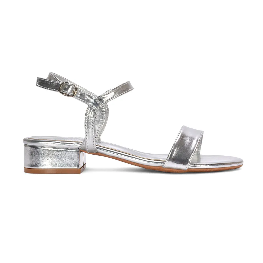 Thaila Low Block Heel Ankle Strappy Heeled Sandals in Silver Metallic sold by XYlondon product image thumbnail 3