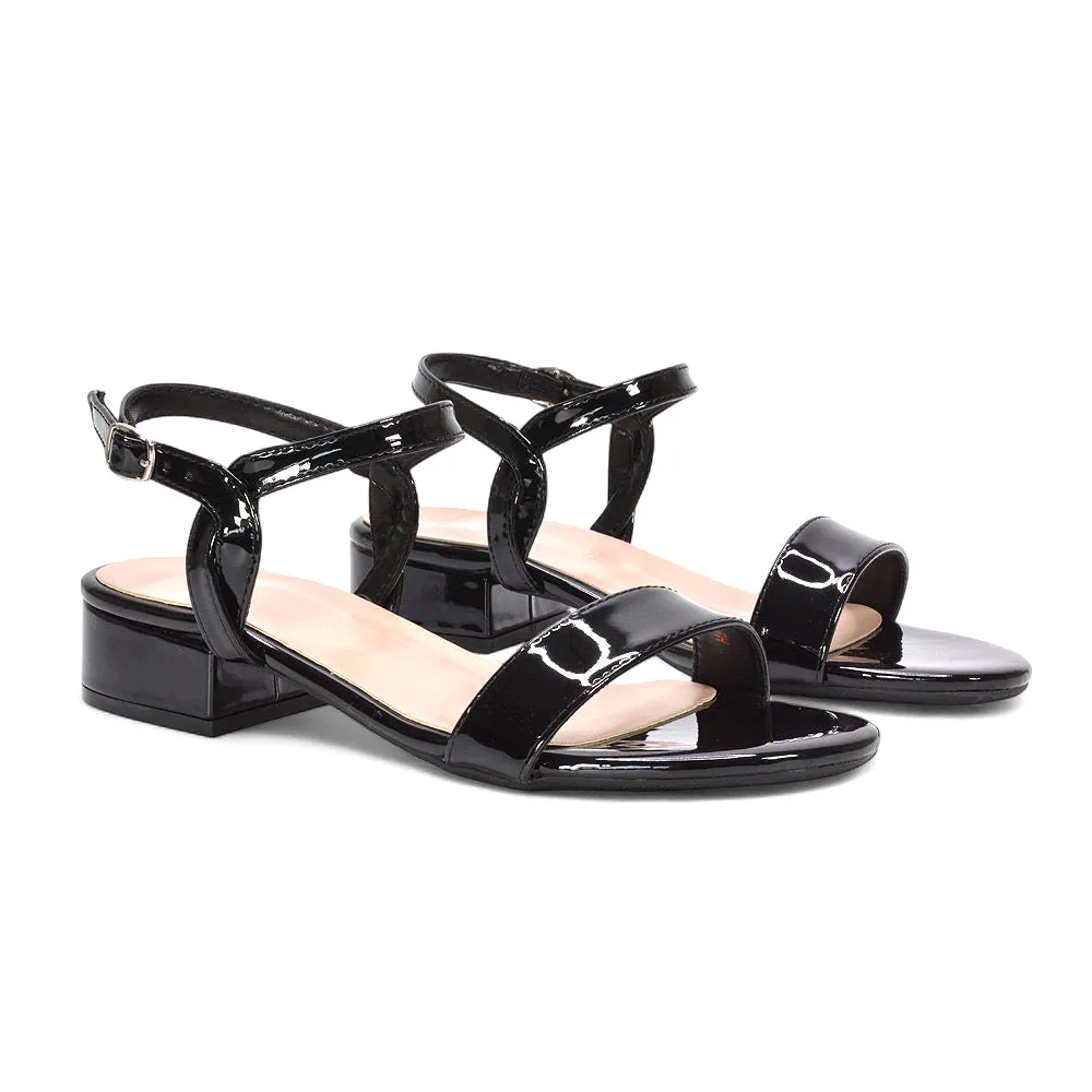 Thaila Low Block Heel Ankle Strappy Heeled Sandals in Black Patent sold by XYlondon