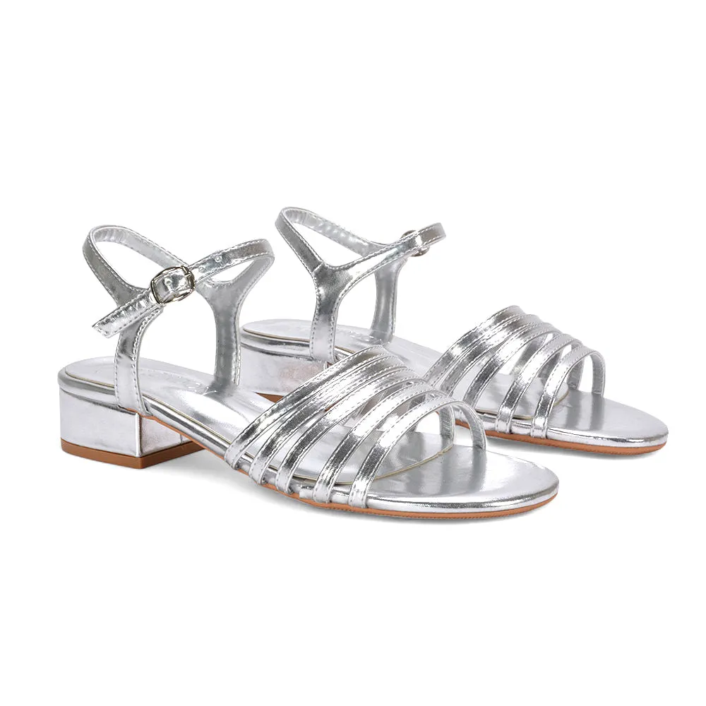 Sage Strappy Open Toe Low Block Heel Sandals In Silver Metallic sold by XYlondon
