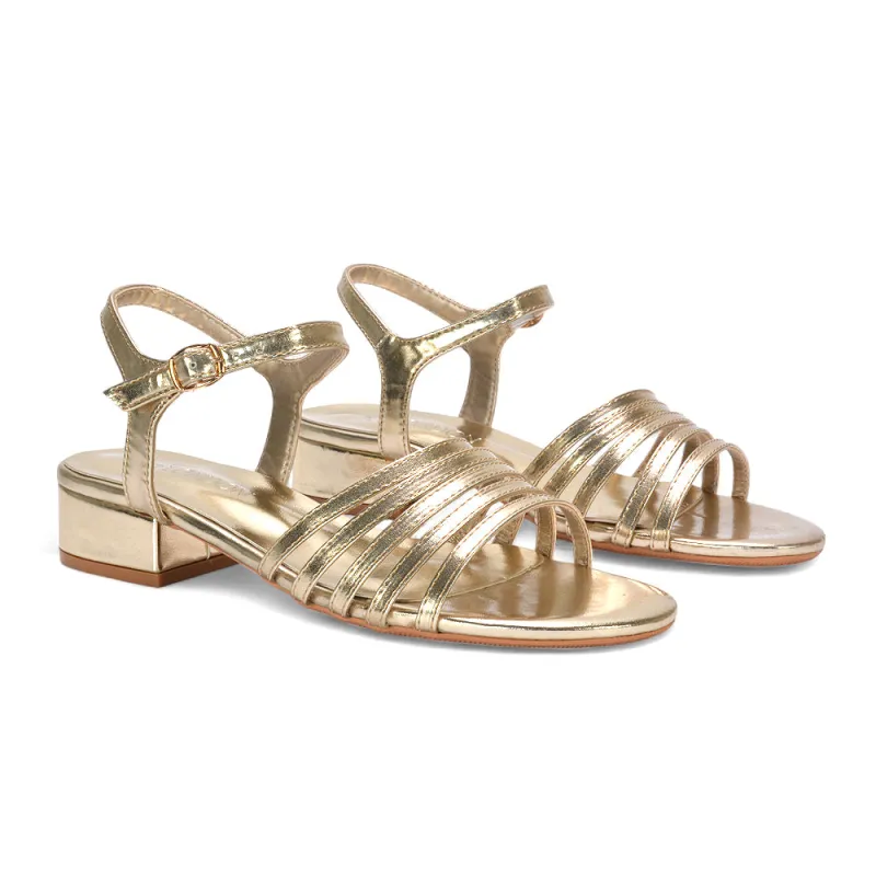 Sage Strappy Open Toe Low Block Heel Sandals In Gold Metallic sold by XYlondon