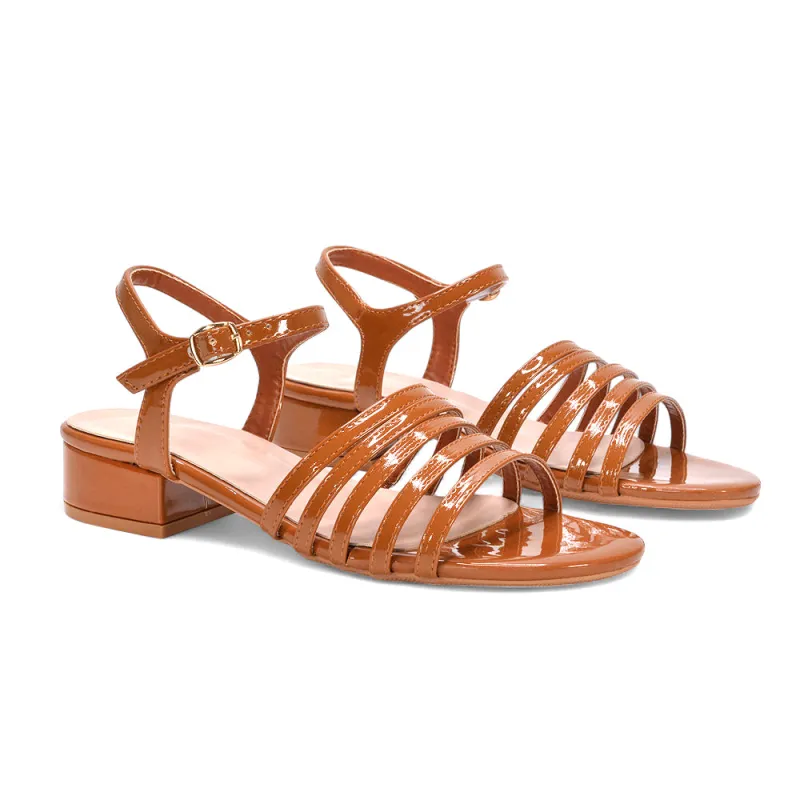Sage Strappy Open Toe Low Block Heel Sandals In Brown Patent sold by XYlondon