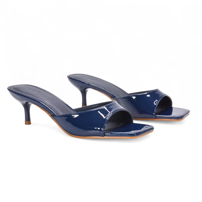 Katherine Square Toe Stiletto Kitten Heel Mule Sandals in Navy Patent sold by XYlondon