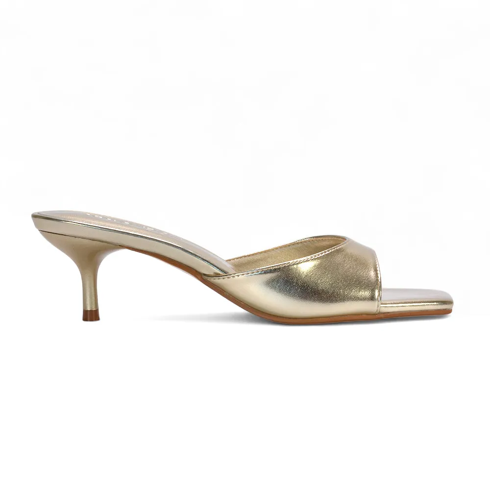 Katherine Square Toe Stiletto Kitten Heel Mule Sandals in Gold Metallic sold by XYlondon product image thumbnail 2