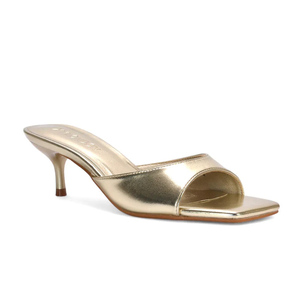 Katherine Square Toe Stiletto Kitten Heel Mule Sandals in Gold Metallic sold by XYlondon product image thumbnail 3