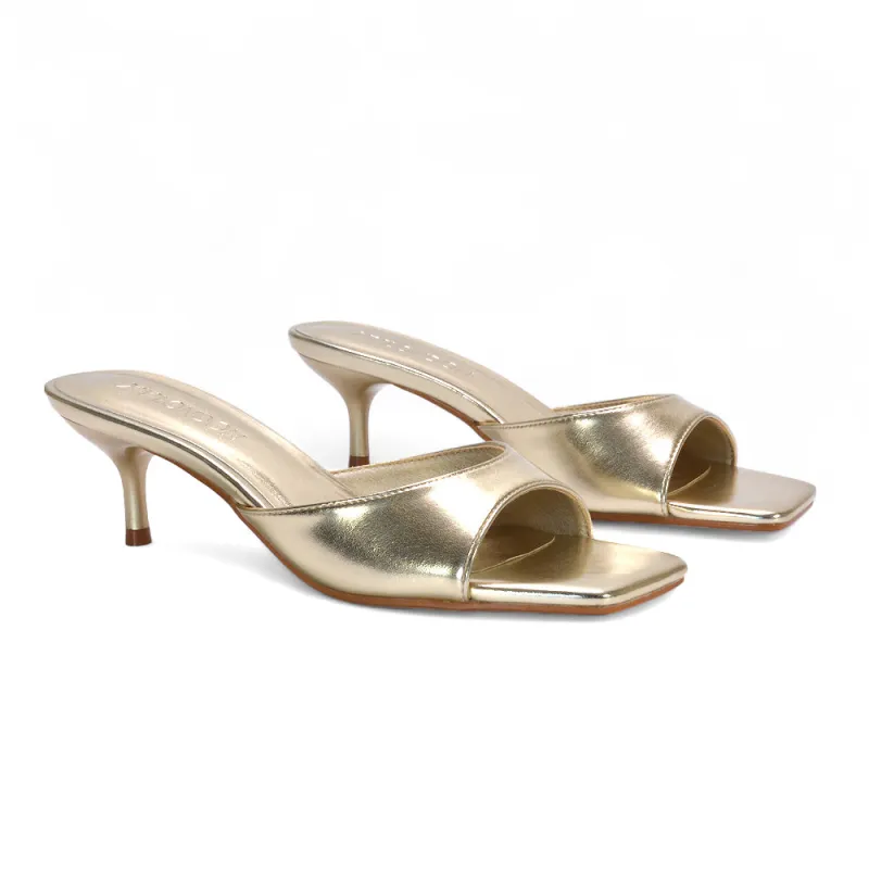 Katherine Square Toe Stiletto Kitten Heel Mule Sandals in Gold Metallic sold by XYlondon