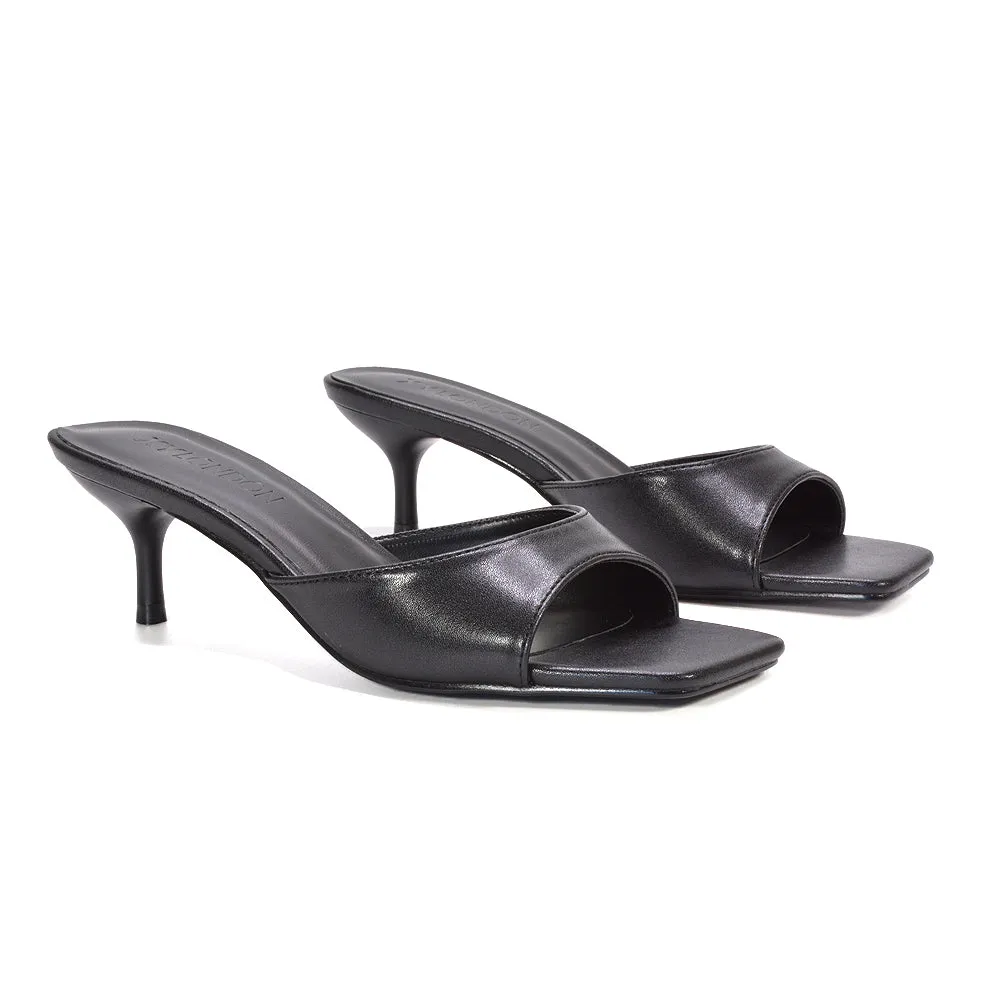 Katherine Square Toe Stiletto Kitten Heel Mule Sandals in Black Synthetic Leather sold by XYlondon