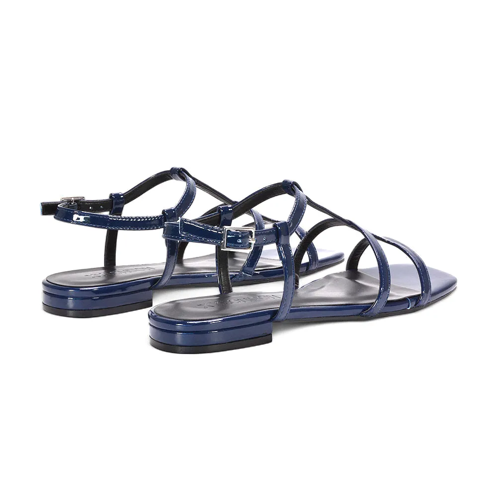Aurora Strappy Caged Summer Flat Sandals With a Square Toe in Navy Patent sold by XYlondon product image thumbnail 4