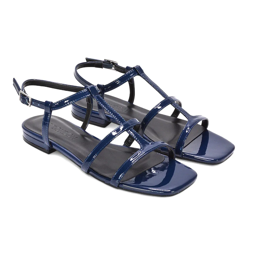 Aurora Strappy Caged Summer Flat Sandals With a Square Toe in Navy Patent sold by XYlondon product image thumbnail 5
