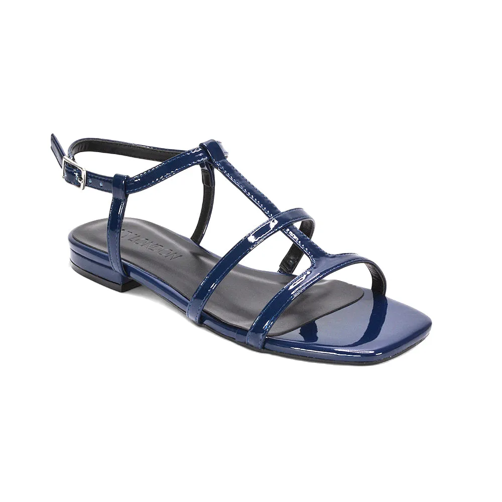Aurora Strappy Caged Summer Flat Sandals With a Square Toe in Navy Patent sold by XYlondon product image thumbnail 3