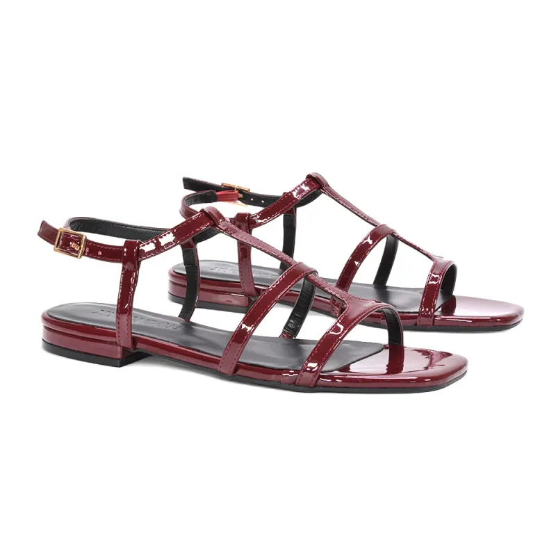 Aurora Strappy Caged Summer Flat Sandals With a Square Toe in Burgundy Patent sold by XYlondon