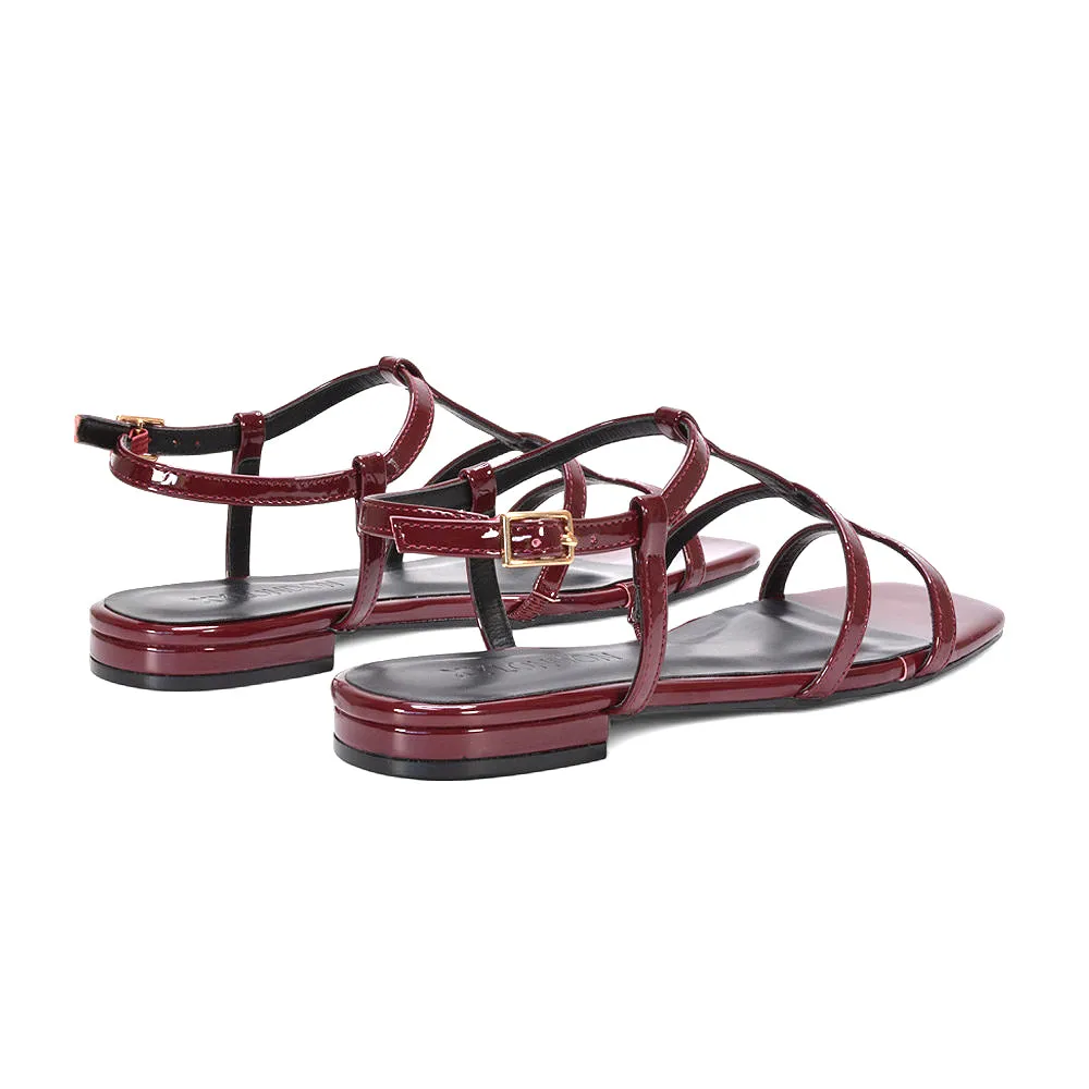 Aurora Women’s Strappy Square Toe Caged Flat Sandals in Burgundy Patent sold by XYlondon product image thumbnail 4