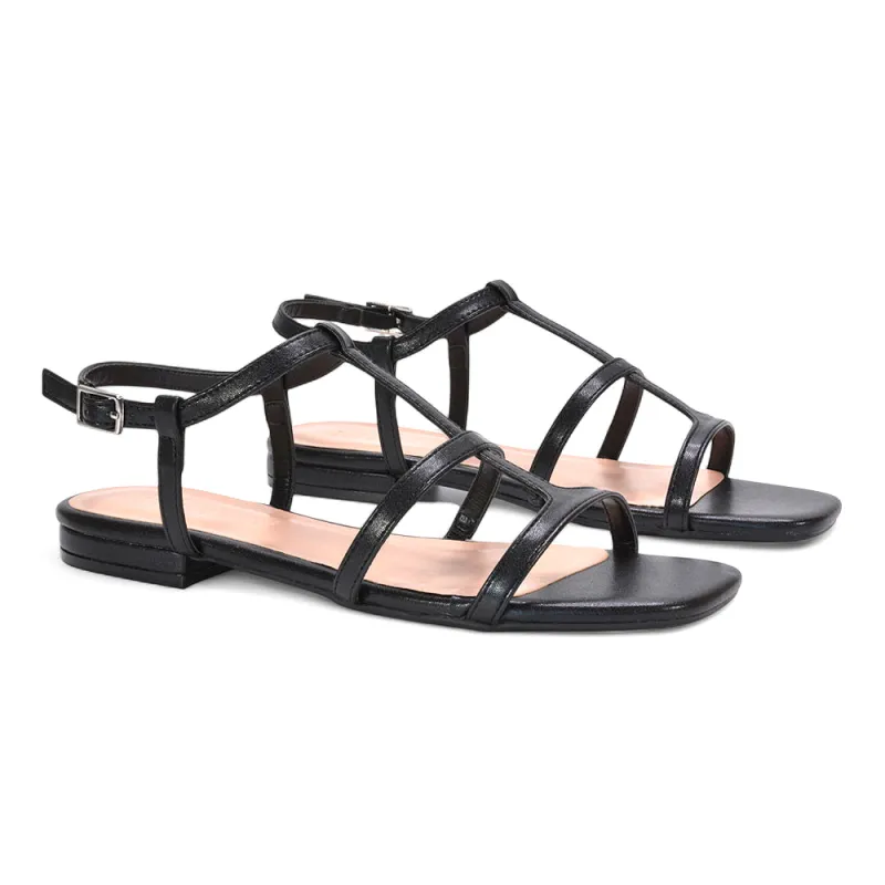 Aurora Strappy Caged Summer Flat Sandals With a Square Toe in Black Synthetic Leather sold by XYlondon