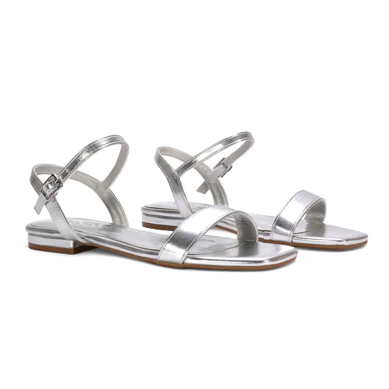Raegan Ankle Strap Flat Square Toe Summer Sandals in Silver Metallic sold by XYlondon