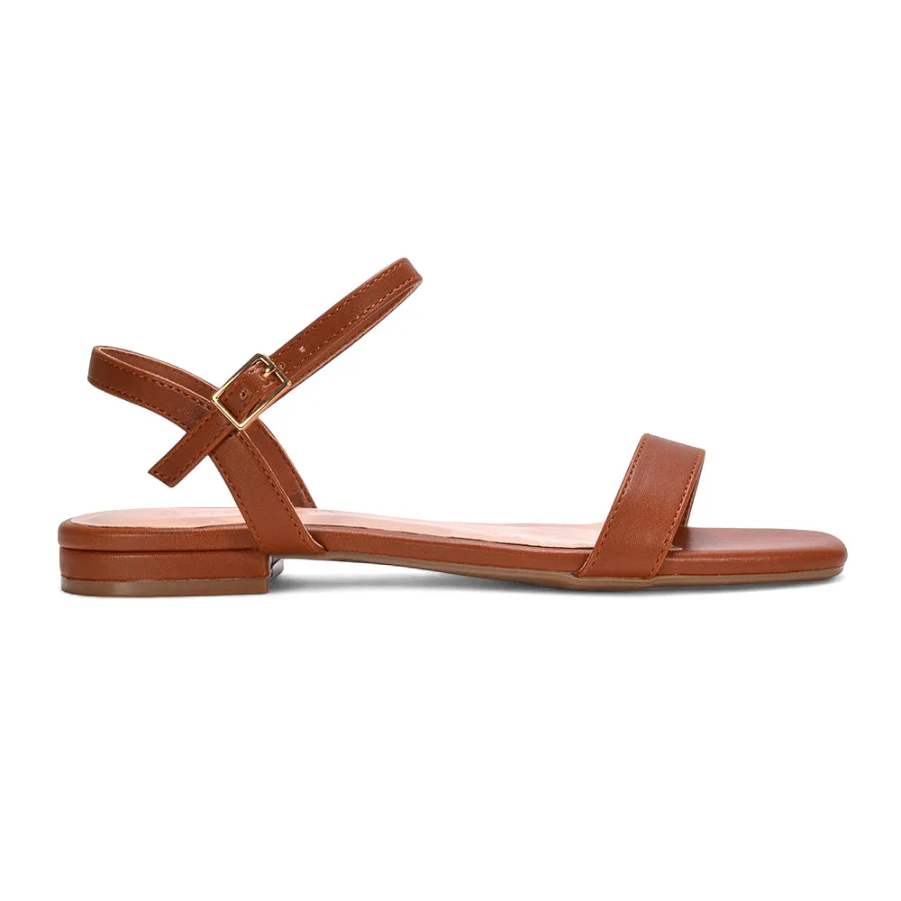 Raegan Ankle Strap Flat Square Toe Summer Sandals in Brown Synthetic Leather sold by XYlondon product image thumbnail 2