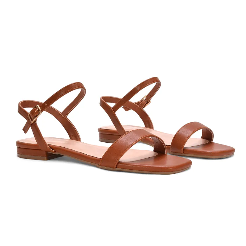 Raegan Ankle Strap Flat Square Toe Summer Sandals in Brown Synthetic Leather sold by XYlondon