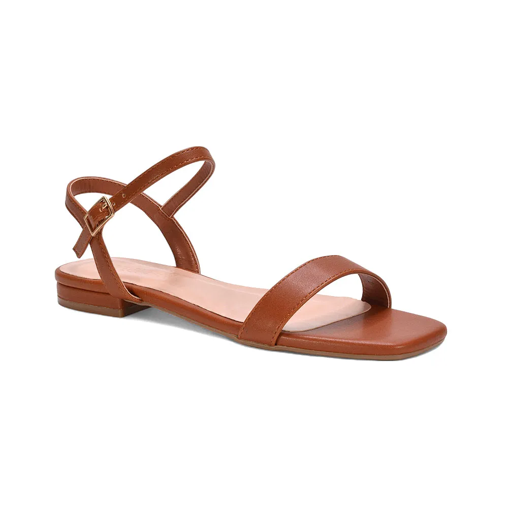 Raegan Ankle Strap Flat Square Toe Summer Sandals in Brown Synthetic Leather sold by XYlondon product image thumbnail 3