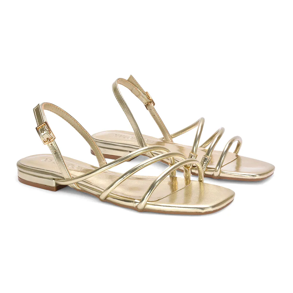 Shakira Slingback Buckle Strappy Summer Flat Sandals in Gold Metallic sold by XYlondon