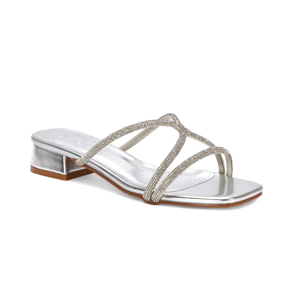 Jessica Low Block Heel Square Toe Diamante Heeled Sandals in Silver Metallic sold by XYlondon product image thumbnail 3