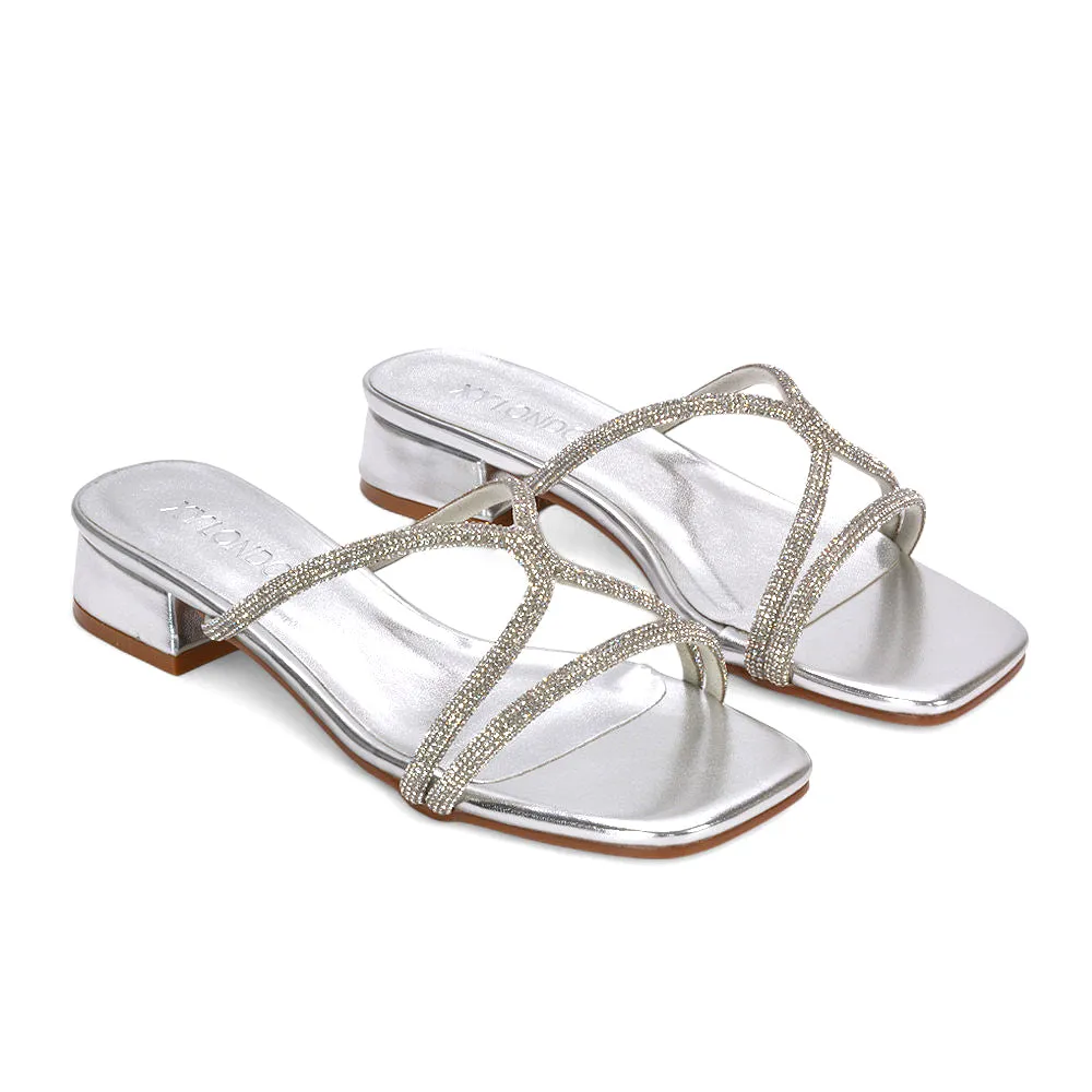 Jessica Low Block Heel Square Toe Diamante Heeled Sandals in Silver Metallic sold by XYlondon product image thumbnail 5