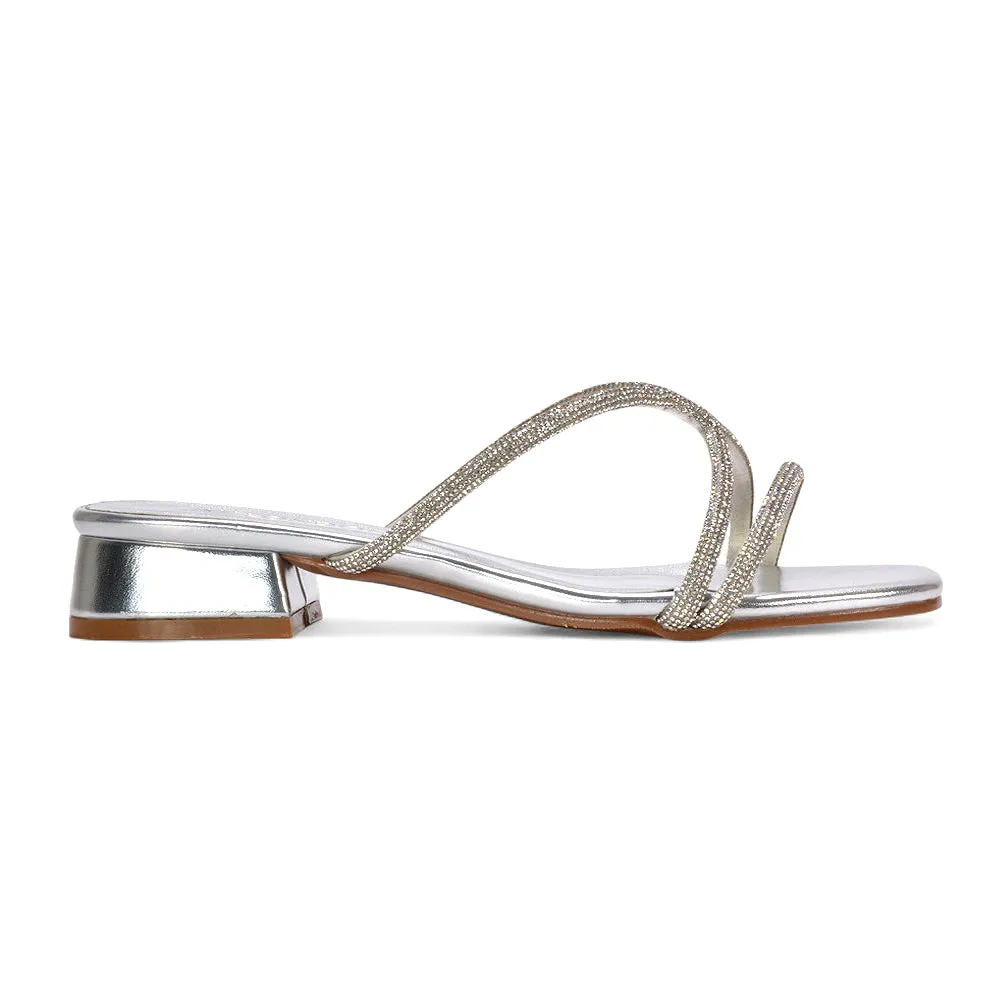 Jessica Low Block Heel Square Toe Diamante Heeled Sandals in Silver Metallic sold by XYlondon product image thumbnail 2