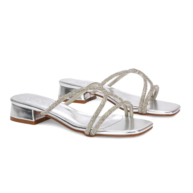 Jessica Low Block Heel Square Toe Diamante Heeled Sandals in Silver Metallic sold by XYlondon