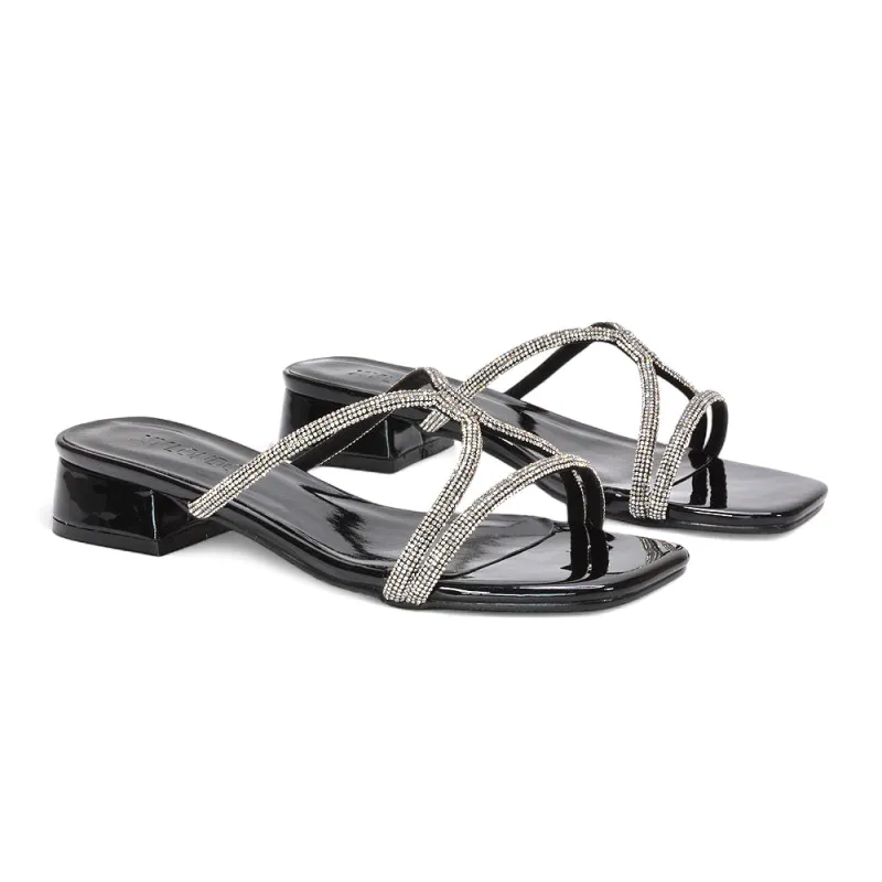 Jessica Low Block Heel Square Toe Diamante Heeled Sandals in Black Patent sold by XYlondon
