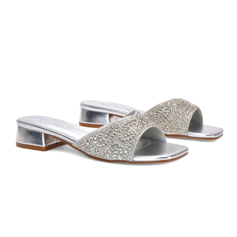 Sydney Low Block Heel Diamante Slip On Mule Heeled Sandals in Silver Metallic sold by XYlondon