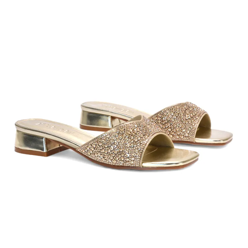 Sydney Low Block Heel Diamante Slip On Mule Heeled Sandals in Gold Metallic sold by XYlondon