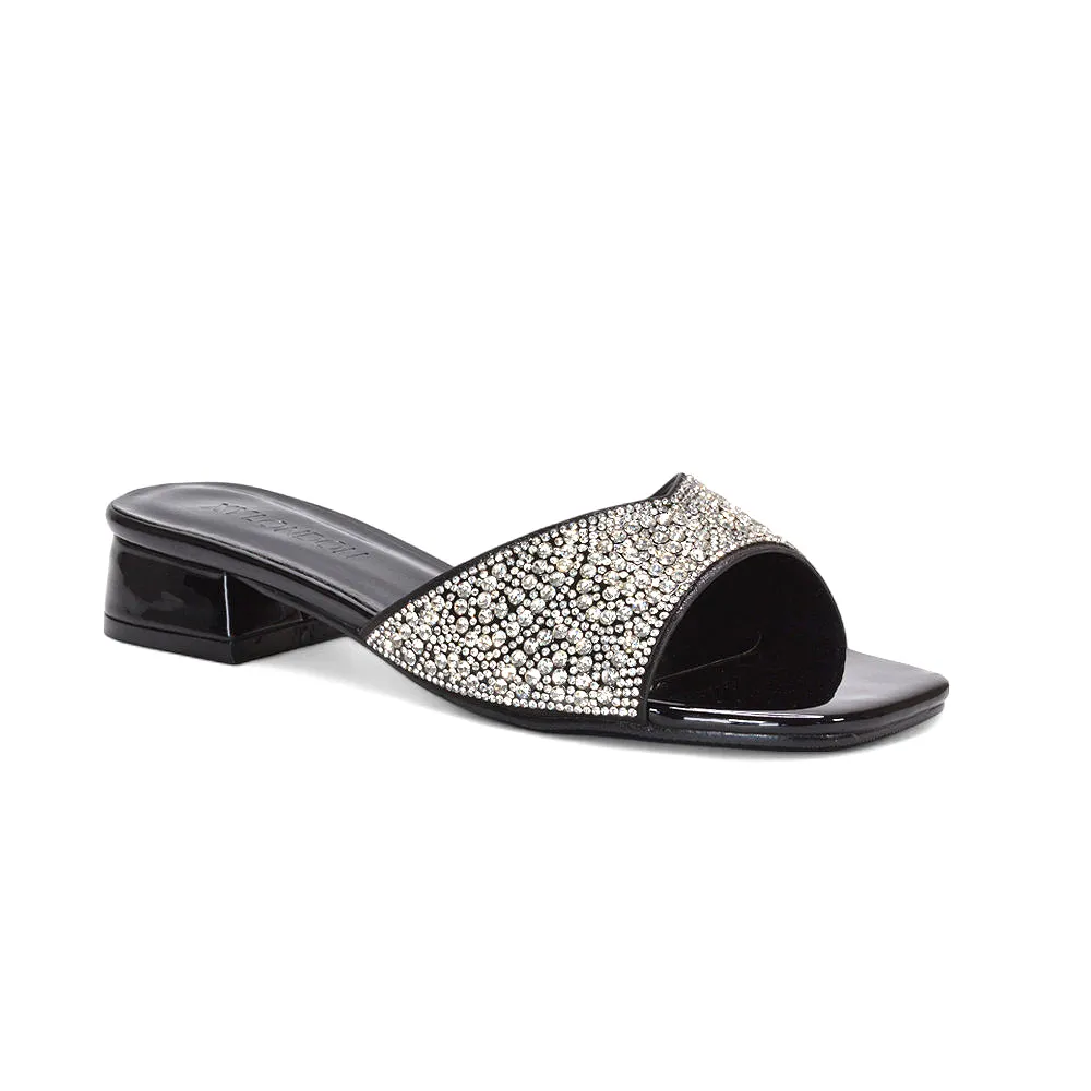 Sydney Low Block Heel Diamante Slip On Mule Heeled Sandals in Black Patent sold by XYlondon product image thumbnail 3