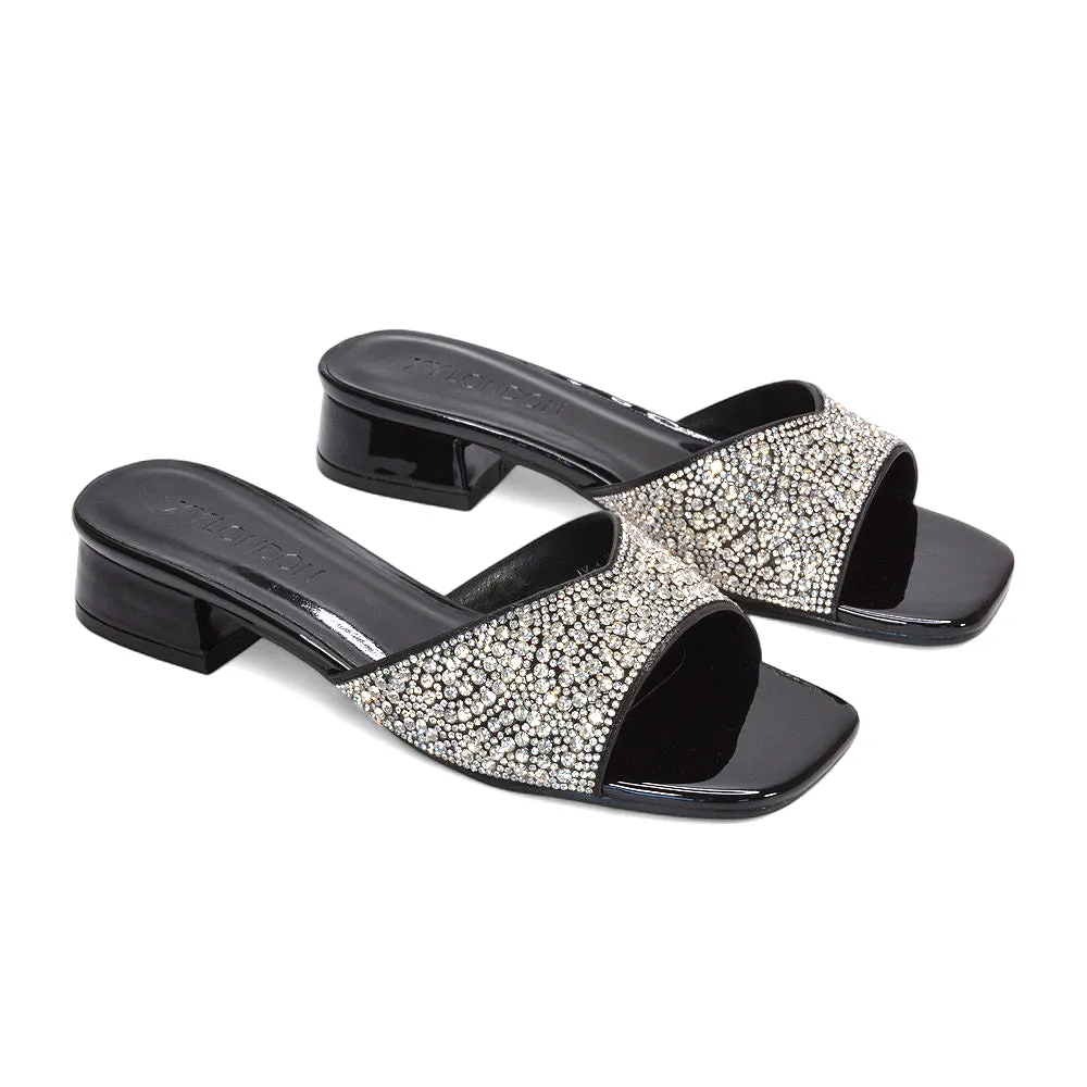 Sydney Low Block Heel Diamante Slip On Mule Heeled Sandals in Black Patent sold by XYlondon product image thumbnail 5
