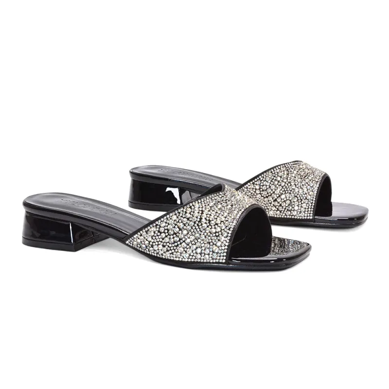 Sydney Low Block Heel Diamante Slip On Mule Heeled Sandals in Black Patent sold by XYlondon