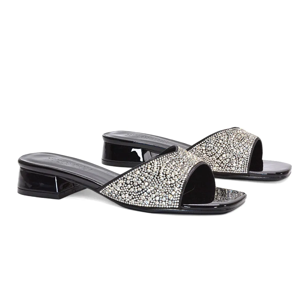 Sydney Low Block Heel Diamante Slip On Mule Heeled Sandals in Black Patent sold by XYlondon
