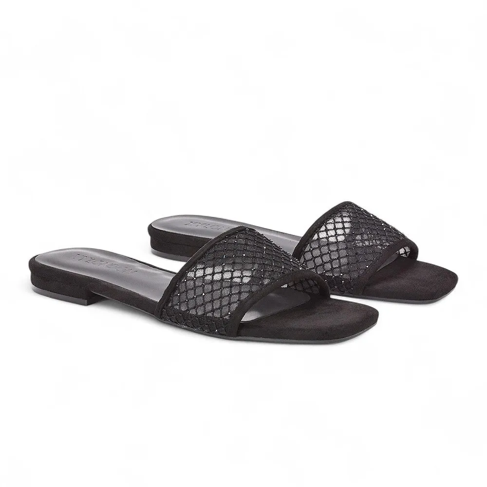 Yasmine Square Toe Slides Diamante Mesh Strap Flat Sandals In Black Faux Suede sold by XYlondon
