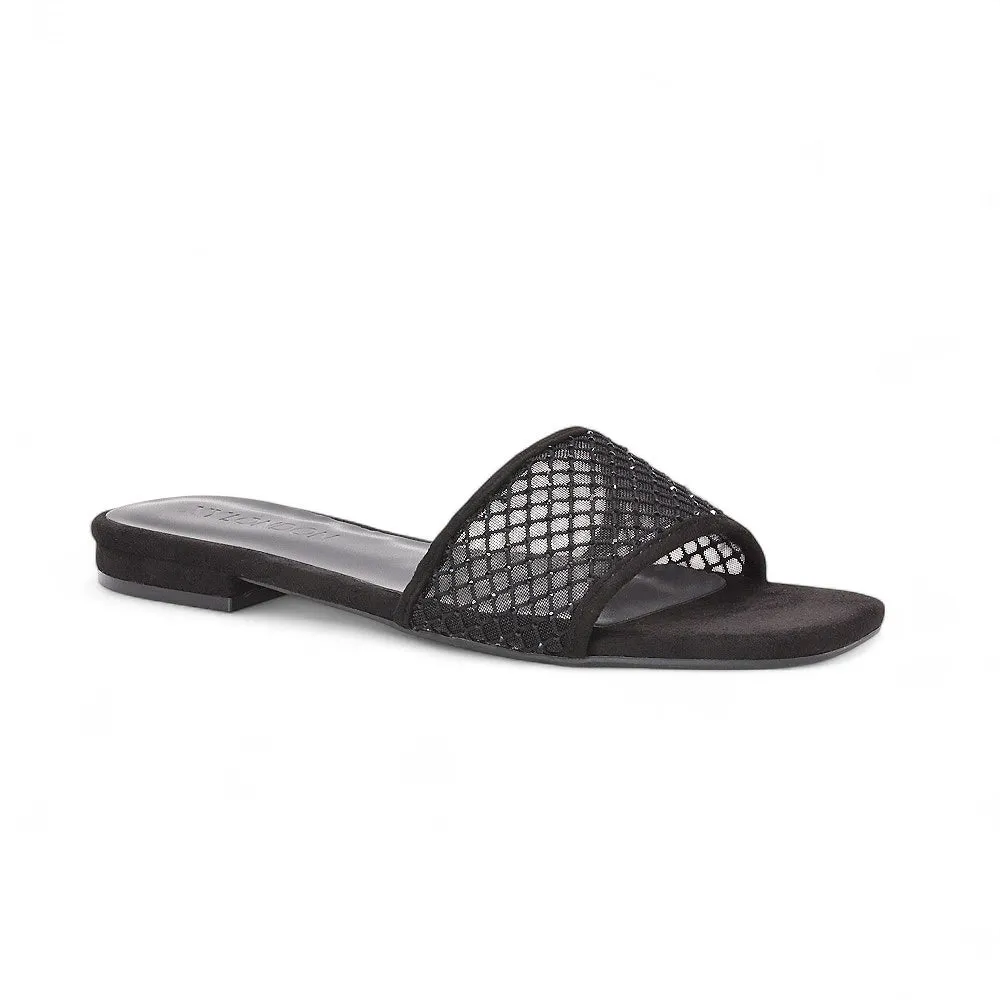 Yasmine Square Toe Slides Diamante Mesh Strap Flat Sandals In Black Faux Suede sold by XYlondon product image thumbnail 3