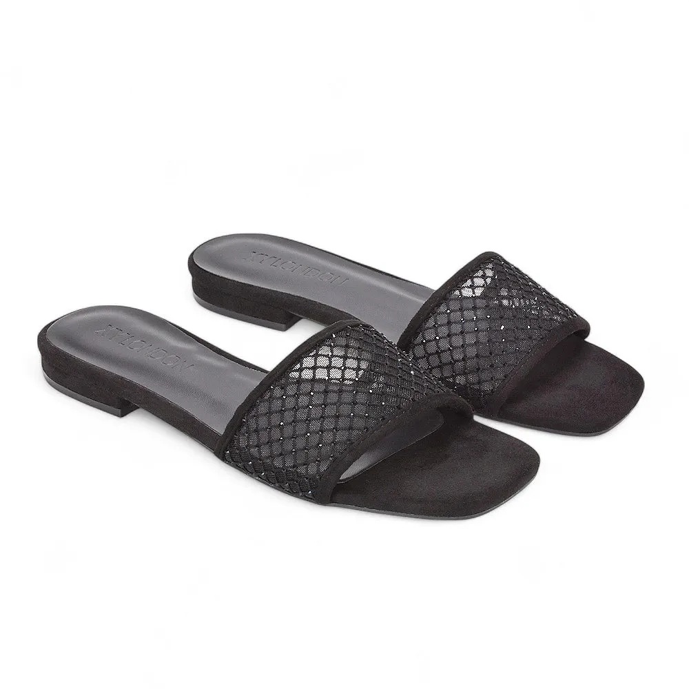 Yasmine Square Toe Slides Diamante Mesh Strap Flat Sandals In Black Faux Suede sold by XYlondon product image thumbnail 4