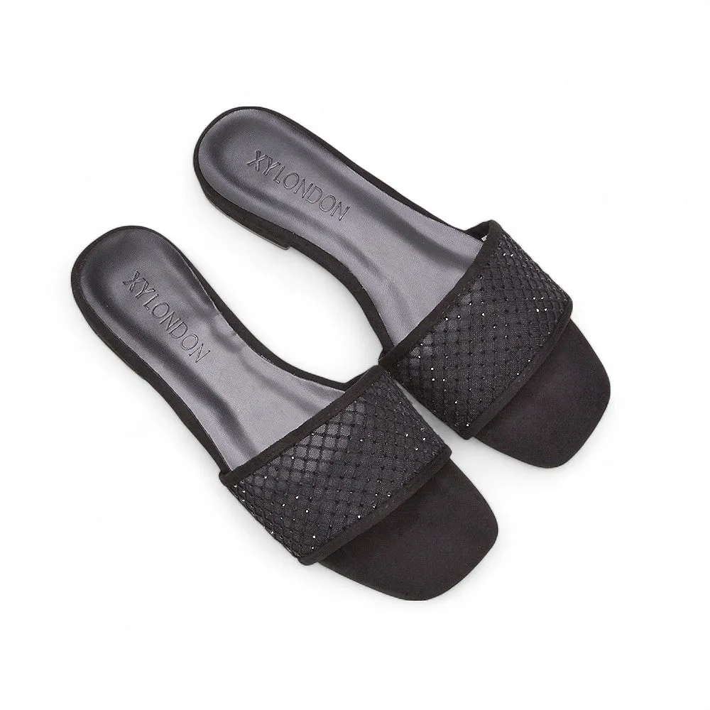 Yasmine Square Toe Slides Diamante Mesh Strap Flat Sandals In Black Faux Suede sold by XYlondon product image thumbnail 5
