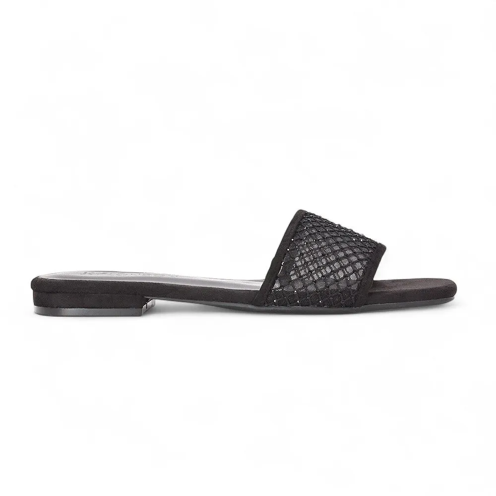 Yasmine Square Toe Slides Diamante Mesh Strap Flat Sandals In Black Faux Suede sold by XYlondon product image thumbnail 2
