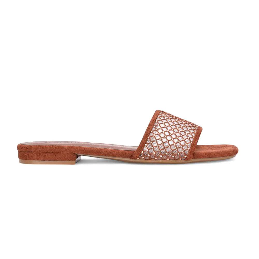 Yasmine Square Toe Slides Diamante Mesh Strap Flat Sandals In Brown Faux Suede sold by XYlondon product image thumbnail 2