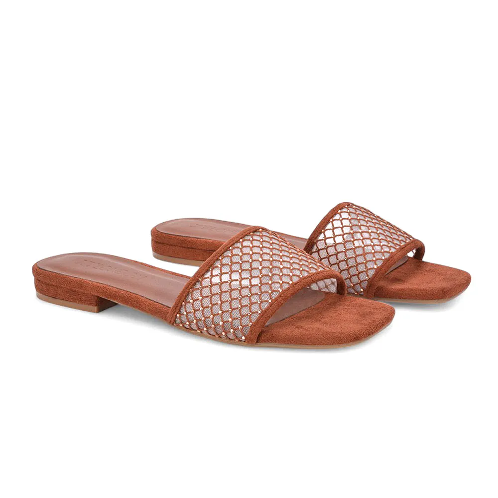 Yasmine Square Toe Slides Diamante Mesh Strap Flat Sandals In Brown Faux Suede sold by XYlondon