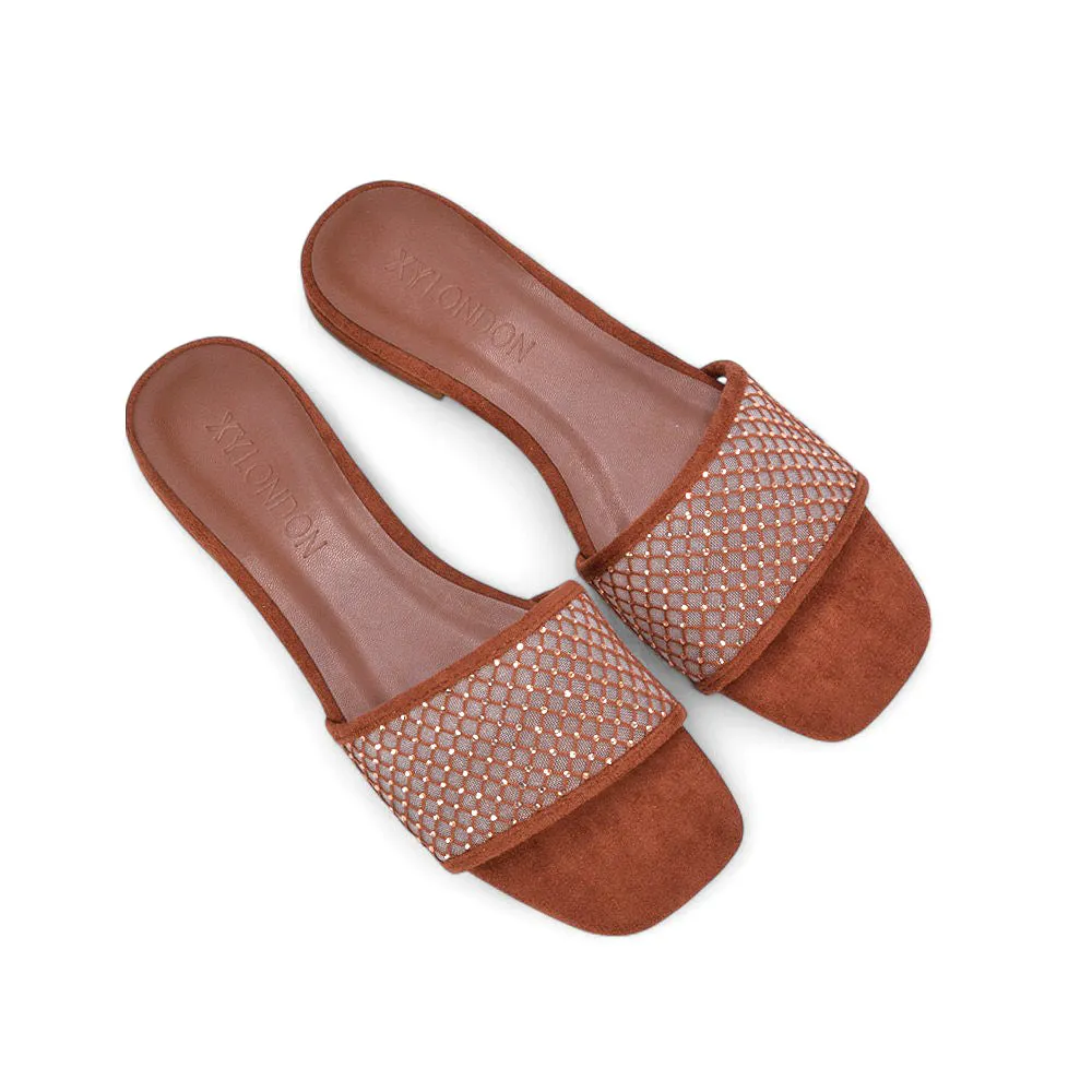 Yasmine Square Toe Slides Diamante Mesh Strap Flat Sandals In Brown Faux Suede sold by XYlondon product image thumbnail 5