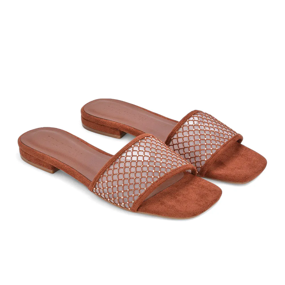 Yasmine Square Toe Slides Diamante Mesh Strap Flat Sandals In Brown Faux Suede sold by XYlondon product image thumbnail 4