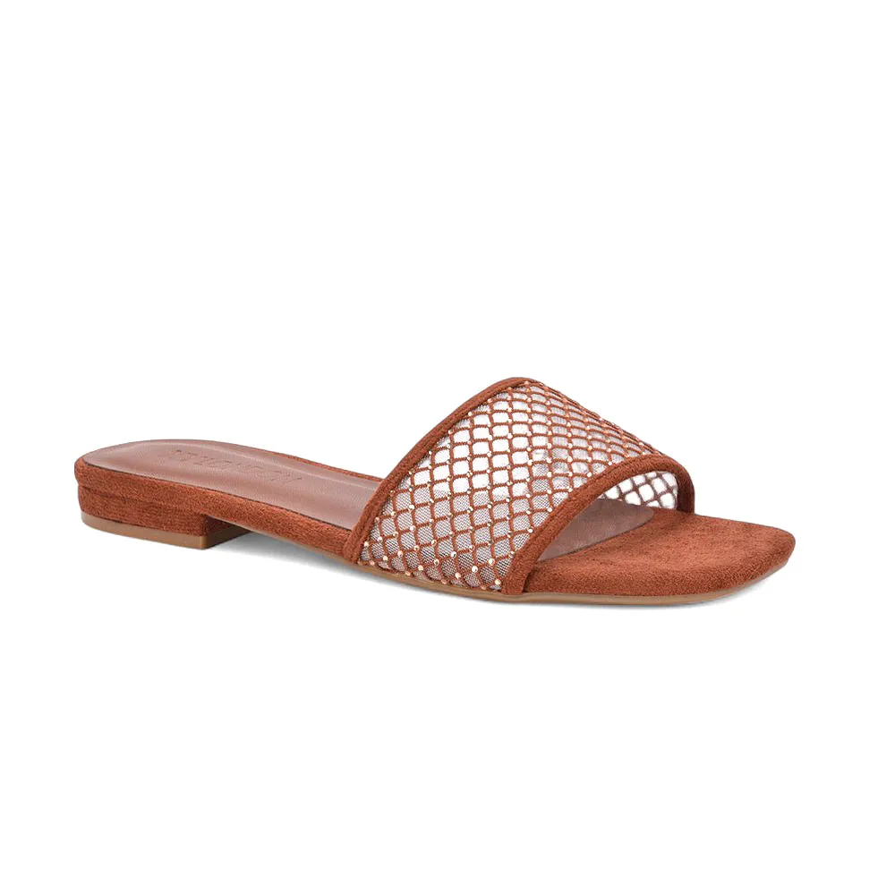 Yasmine Square Toe Slides Diamante Mesh Strap Flat Sandals In Brown Faux Suede sold by XYlondon product image thumbnail 3