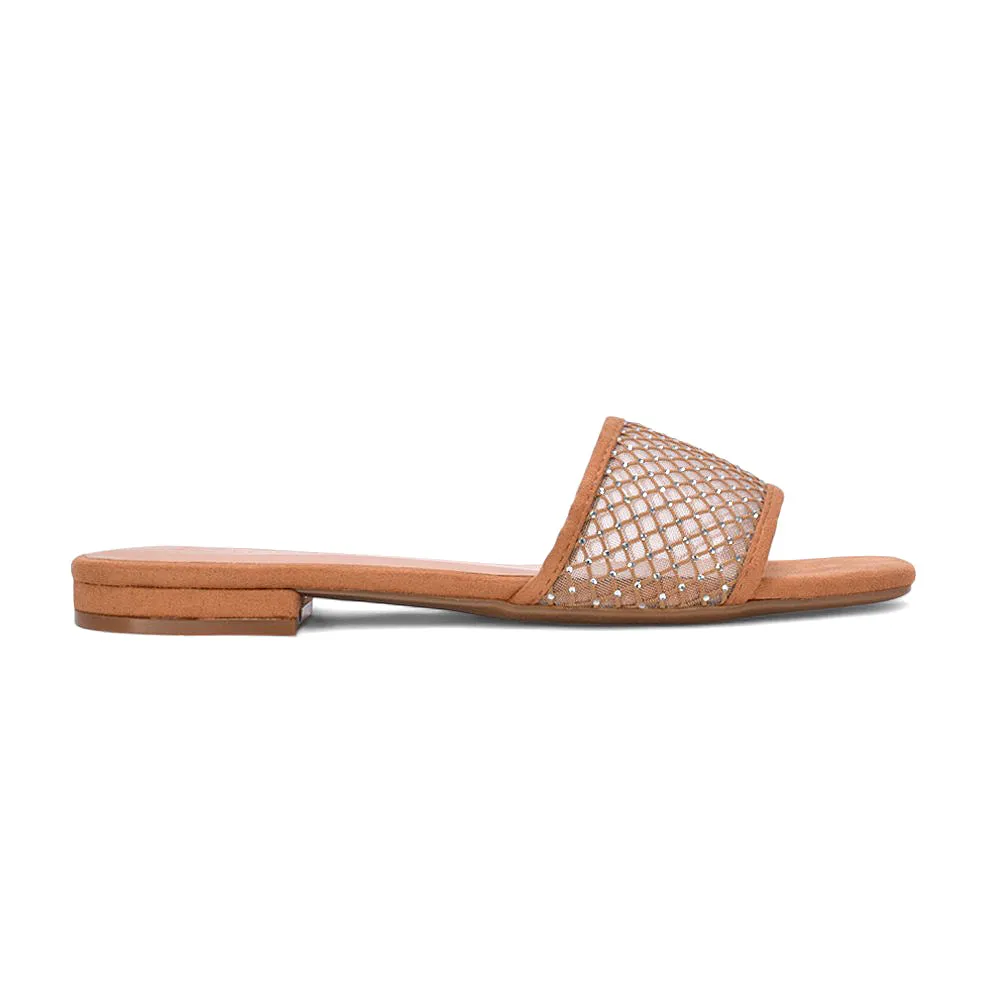 Yasmine Square Toe Slides Diamante Mesh Strap Flat Sandals In Beige Faux Suede sold by XYlondon product image thumbnail 2