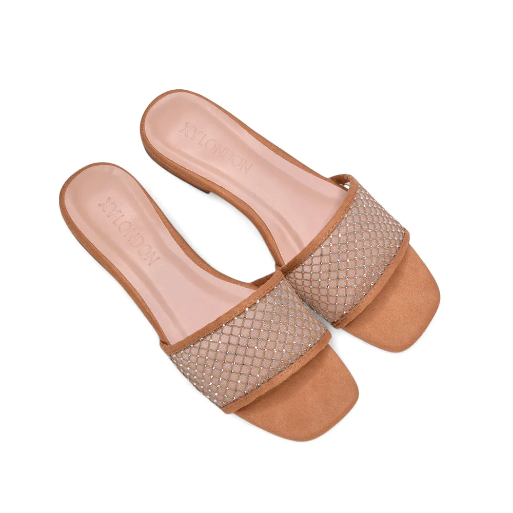Yasmine Square Toe Slides Diamante Mesh Strap Flat Sandals In Beige Faux Suede sold by XYlondon product image thumbnail 5