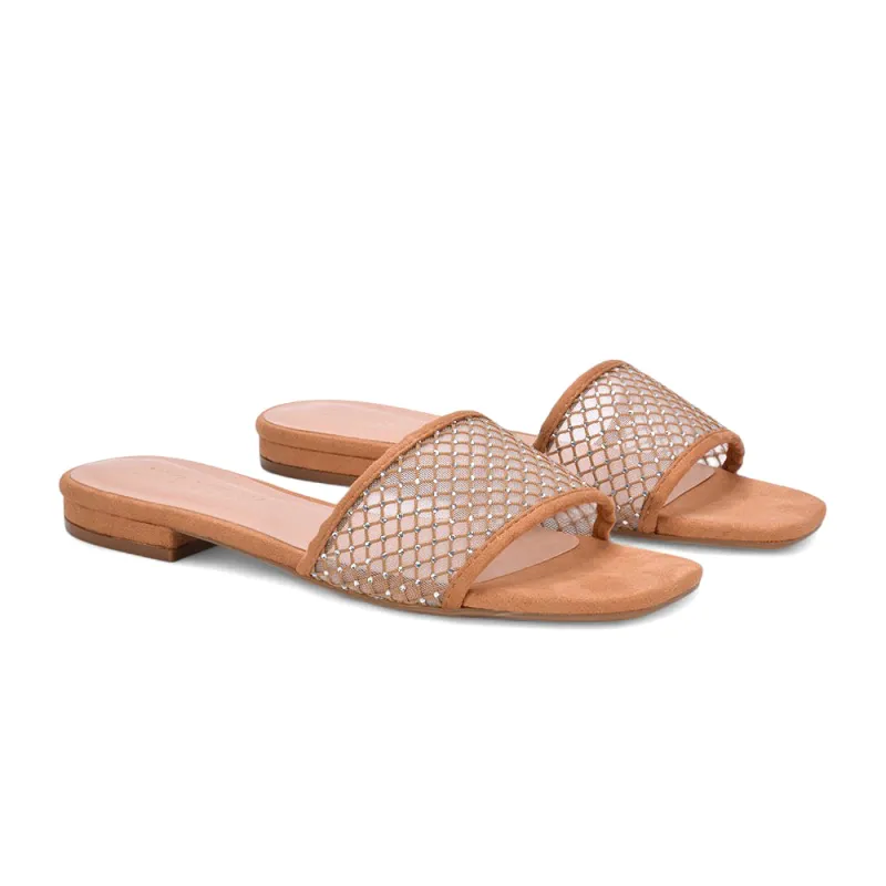 Yasmine Square Toe Slides Diamante Mesh Strap Flat Sandals In Beige Faux Suede sold by XYlondon