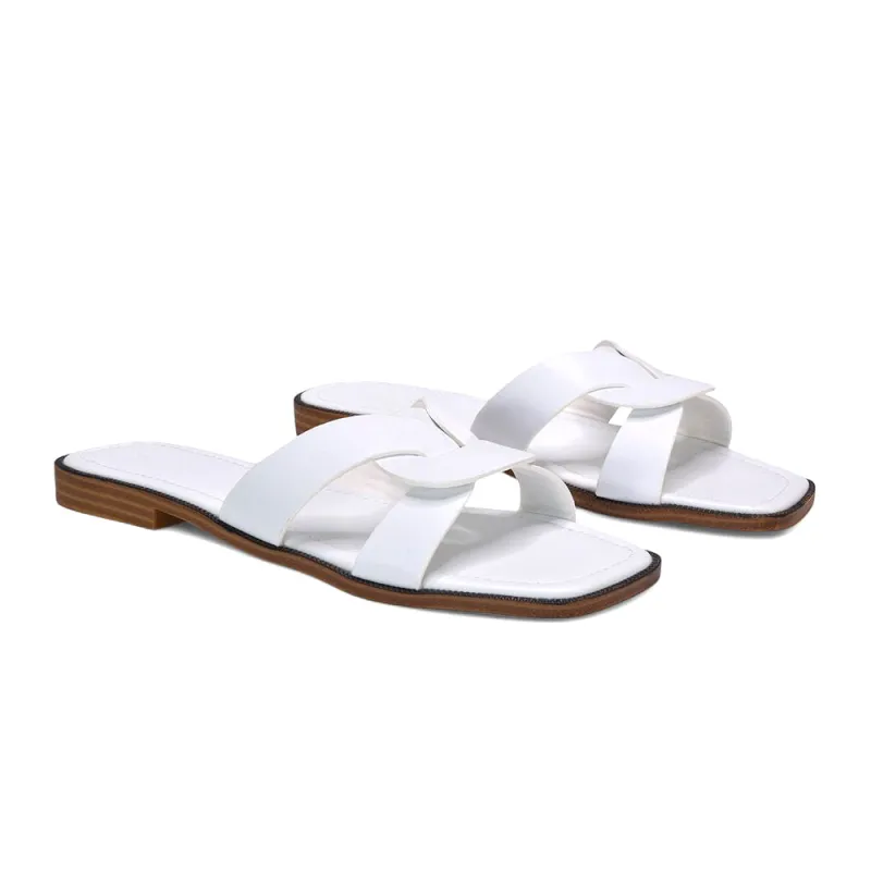Amalie Slip On Sliders Womens Flat Summer Sandals in White Synthetic Leather sold by XYlondon