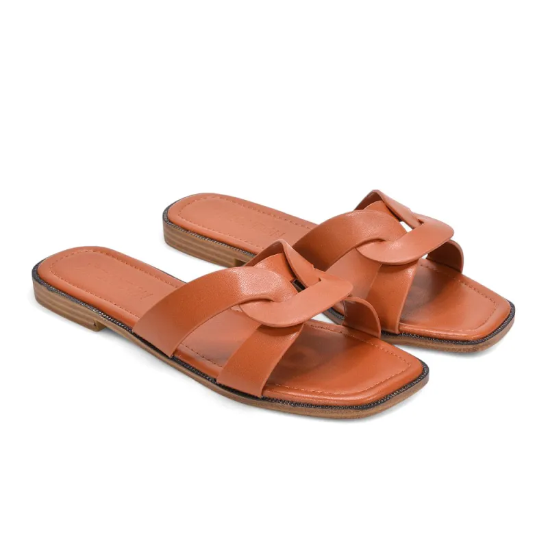 Amalie Slip On Sliders Womens Flat Summer Sandals in Tan Synthetic Leather sold by XYlondon