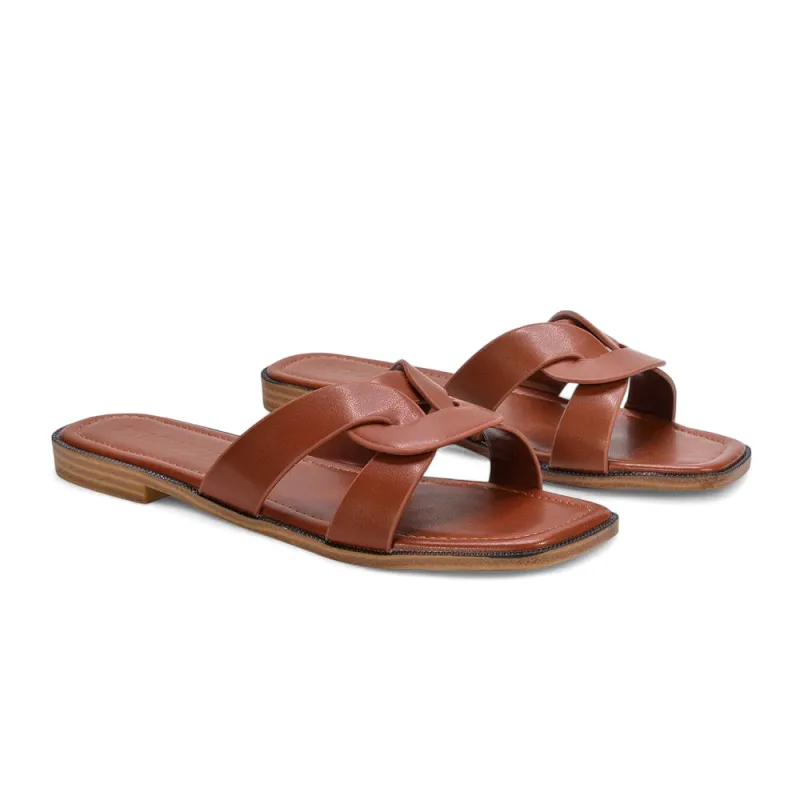 Amalie Slip On Sliders Womens Flat Summer Sandals in Brown Synthetic Leather sold by XYlondon
